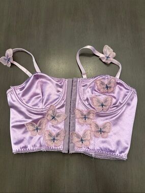 Lavender Satin Butterfly Appliqué Bralette Crop Top